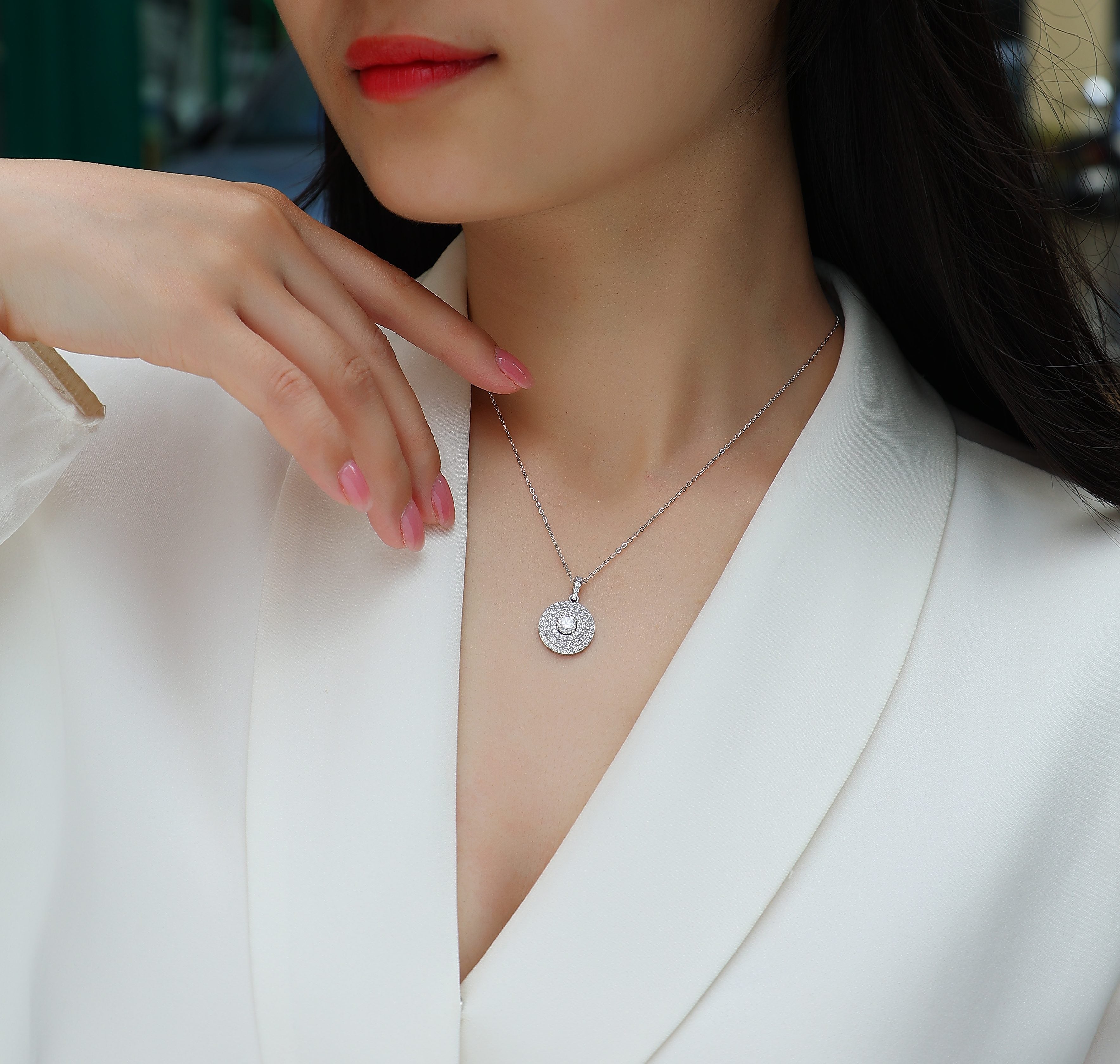 Classic Moissanite Double Halo Pendant Necklace