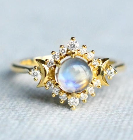 Moonstone Starburst Ring – Celestial Crystal Gold Band