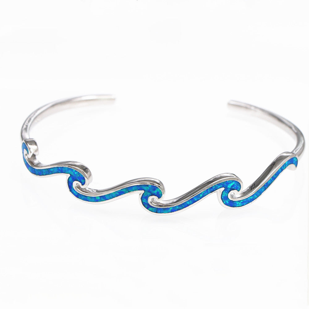 Wave-Inspired Open Cuff Bracelet with Enamel Inlay Detail