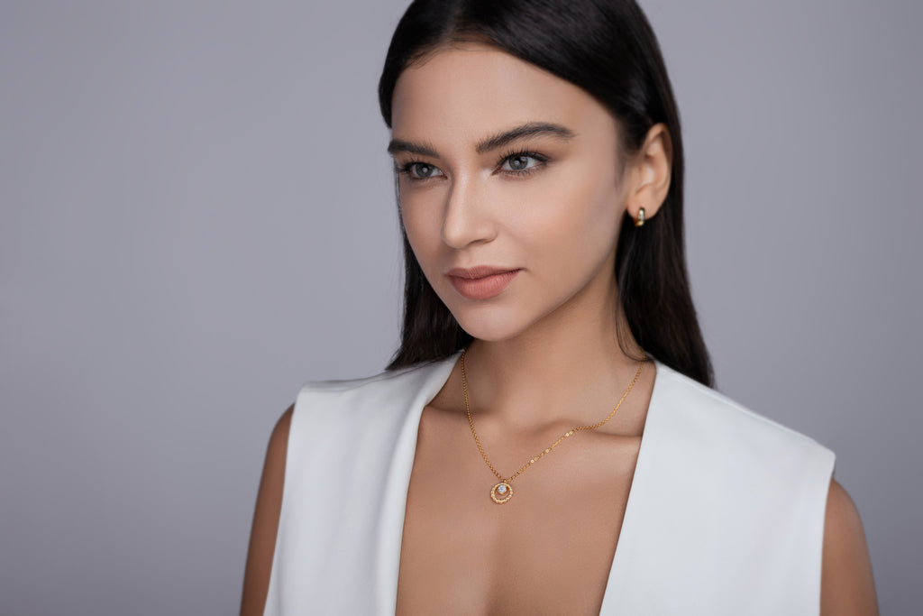 Gold Beaded Circle Necklace with Solitaire Crystal