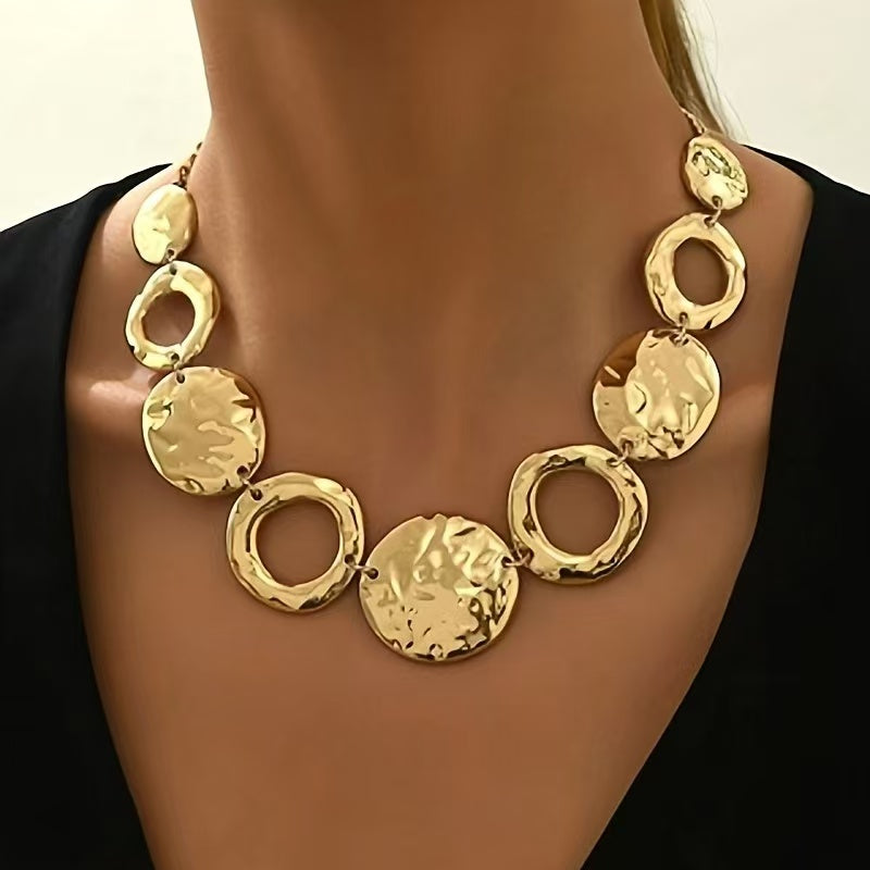 Hammered Disc Statement Necklace with Sculptural Links