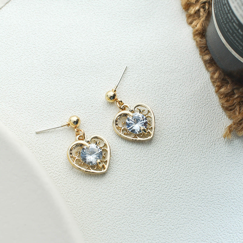 Elegant Gold Heart Crystal Stud Earrings