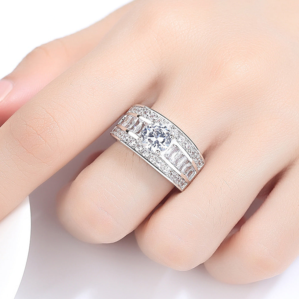Wide Band Diamond Ring – Round Cut Center with Pavé Accents