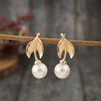 Gold Leaf Pearl Drop Earrings