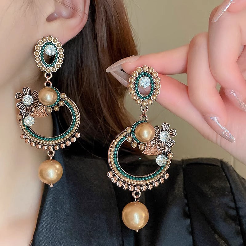 Vintage Pearl Drop Earrings with Crystal & Floral Details