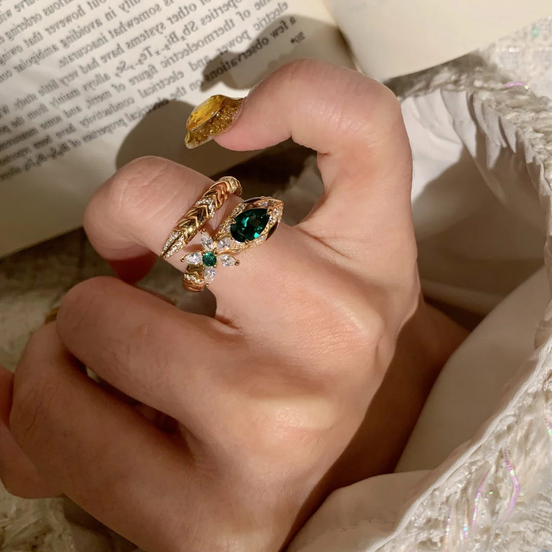 Vintage Emerald Crystal Ring Set – Gold Floral & Leaf Statement Rings