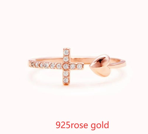 Elegant Heart & Cross Adjustable Ring in Sterling Silver