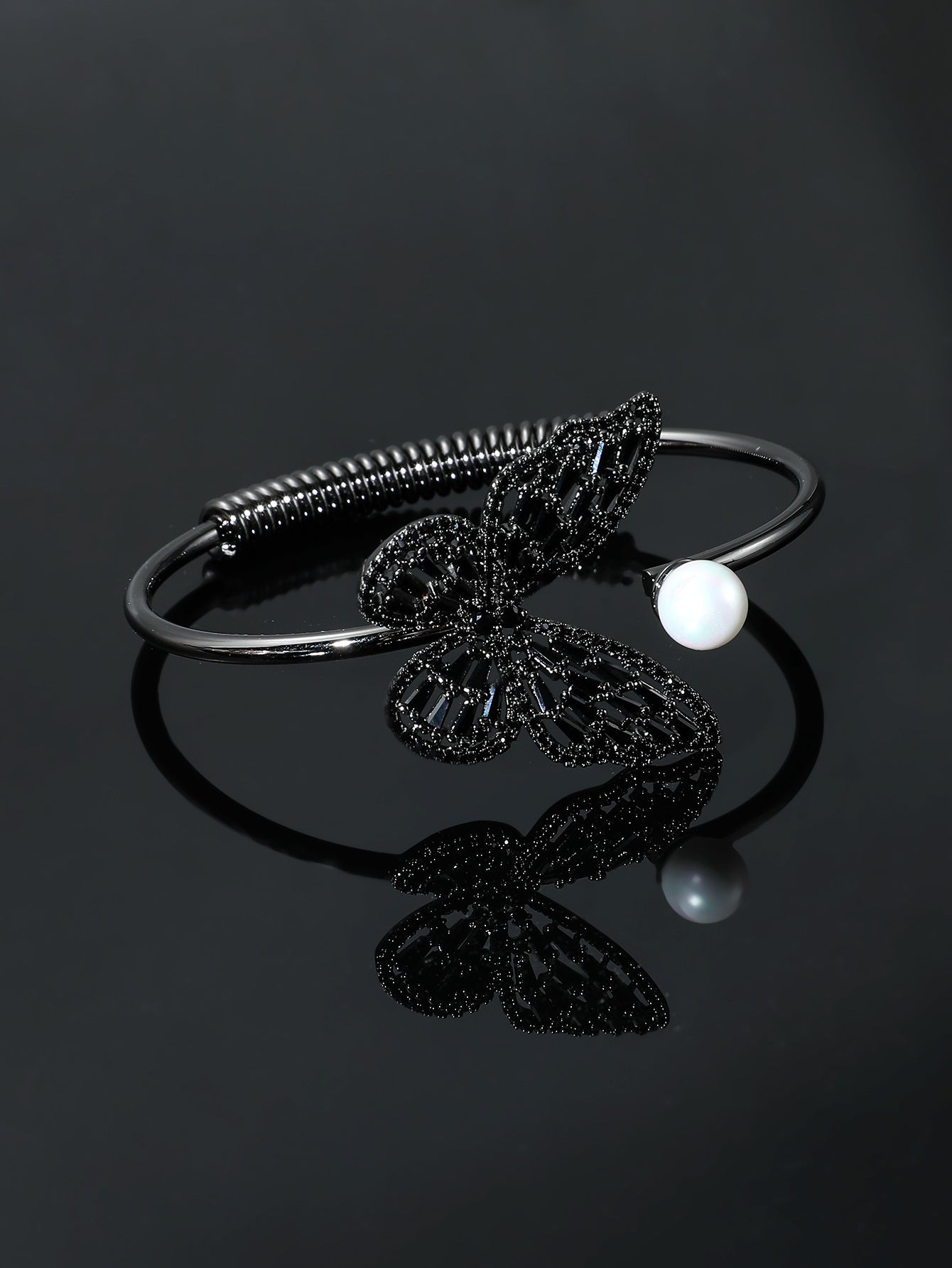Butterfly Motif Open Cuff Bracelet with Delicate Crystal Detail