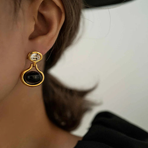 Black Onyx Drop Earrings with Crystal Accent