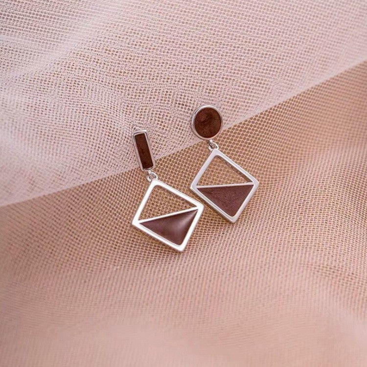 Modern Geometric Drop Earrings with Wood-Inspired Accents