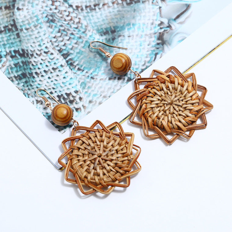 Handmade Rattan Earrings with Natural Woven Flower Design