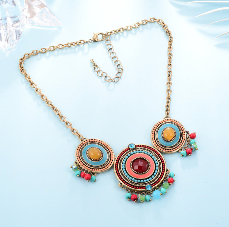 Bohemian Medallion Necklace with Colorful Beads & Vintage Detail