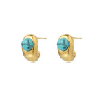 Gold Hoop Stud Earrings with Turquoise Stone