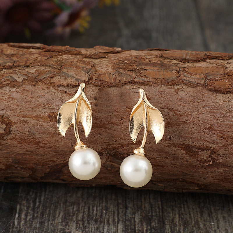 Gold Leaf Pearl Drop Earrings