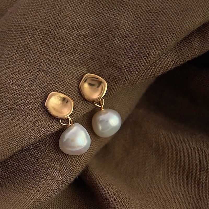 Gold Irregular Stud Earrings with Pearl Drop
