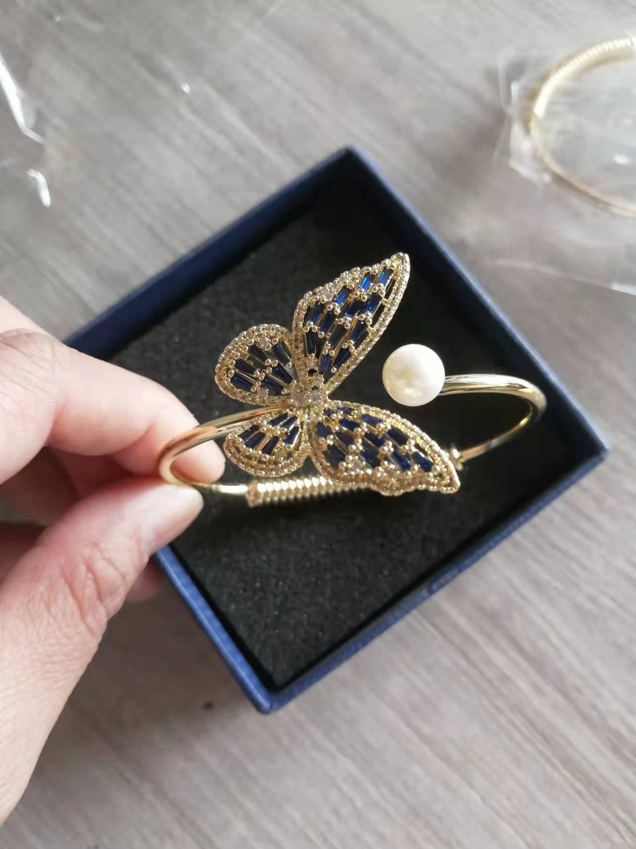 Butterfly Motif Open Cuff Bracelet with Delicate Crystal Detail