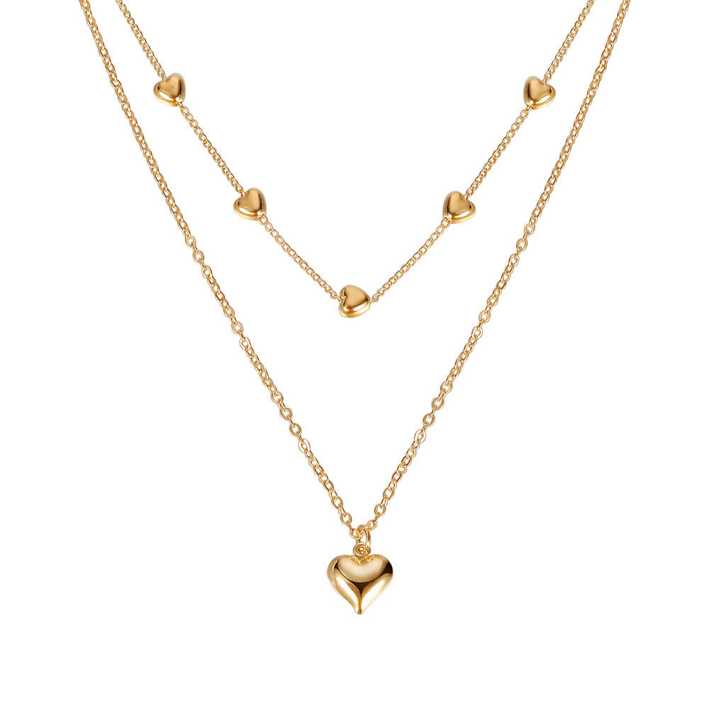 Layered Gold Heart Necklace – Double Chain Beaded Pendant Necklace