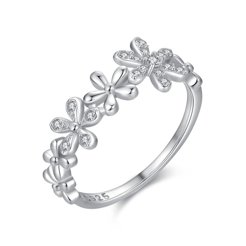 Blossom Vine Ring – Silver Floral CZ Band