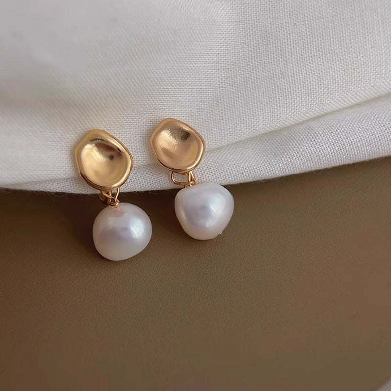 Gold Irregular Stud Earrings with Pearl Drop