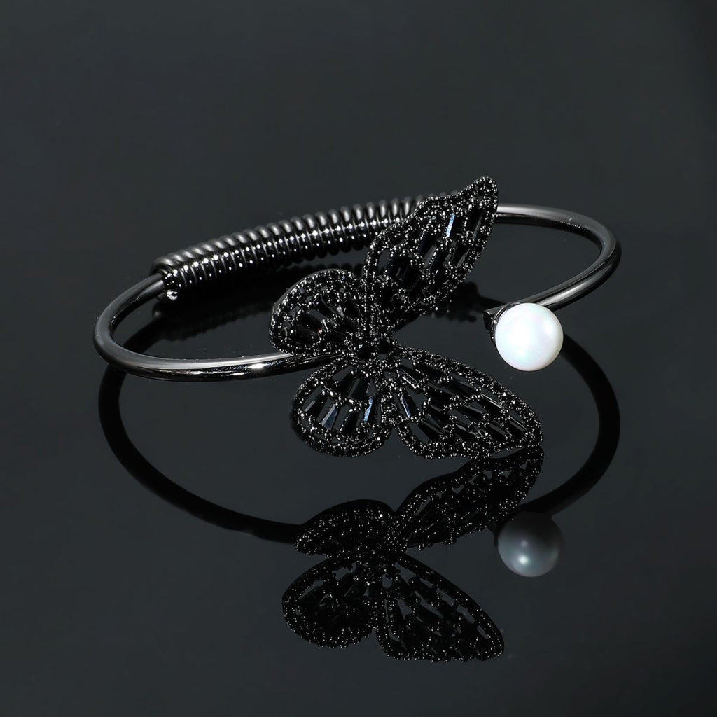 Butterfly Motif Open Cuff Bracelet with Delicate Crystal Detail