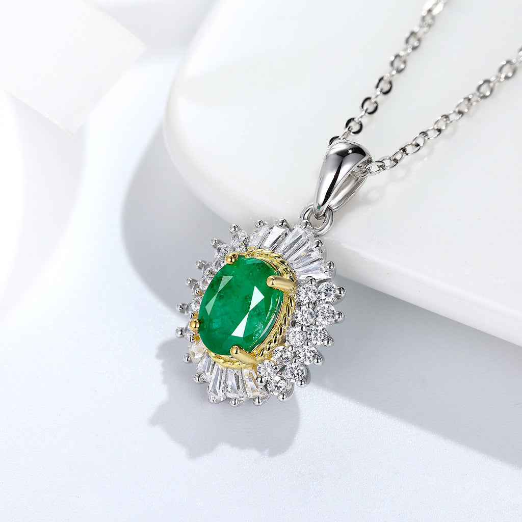 Natural Emerald Halo Pendant Necklace