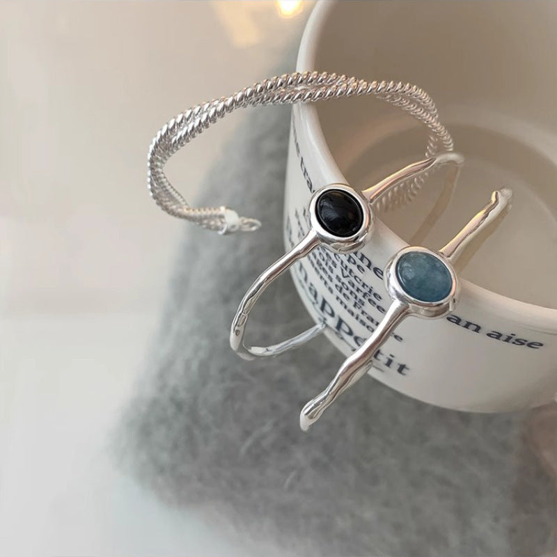 Slim Open Bangle Bracelet with Central Stone Detail