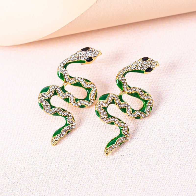 Green Rhinestone Snake Earrings