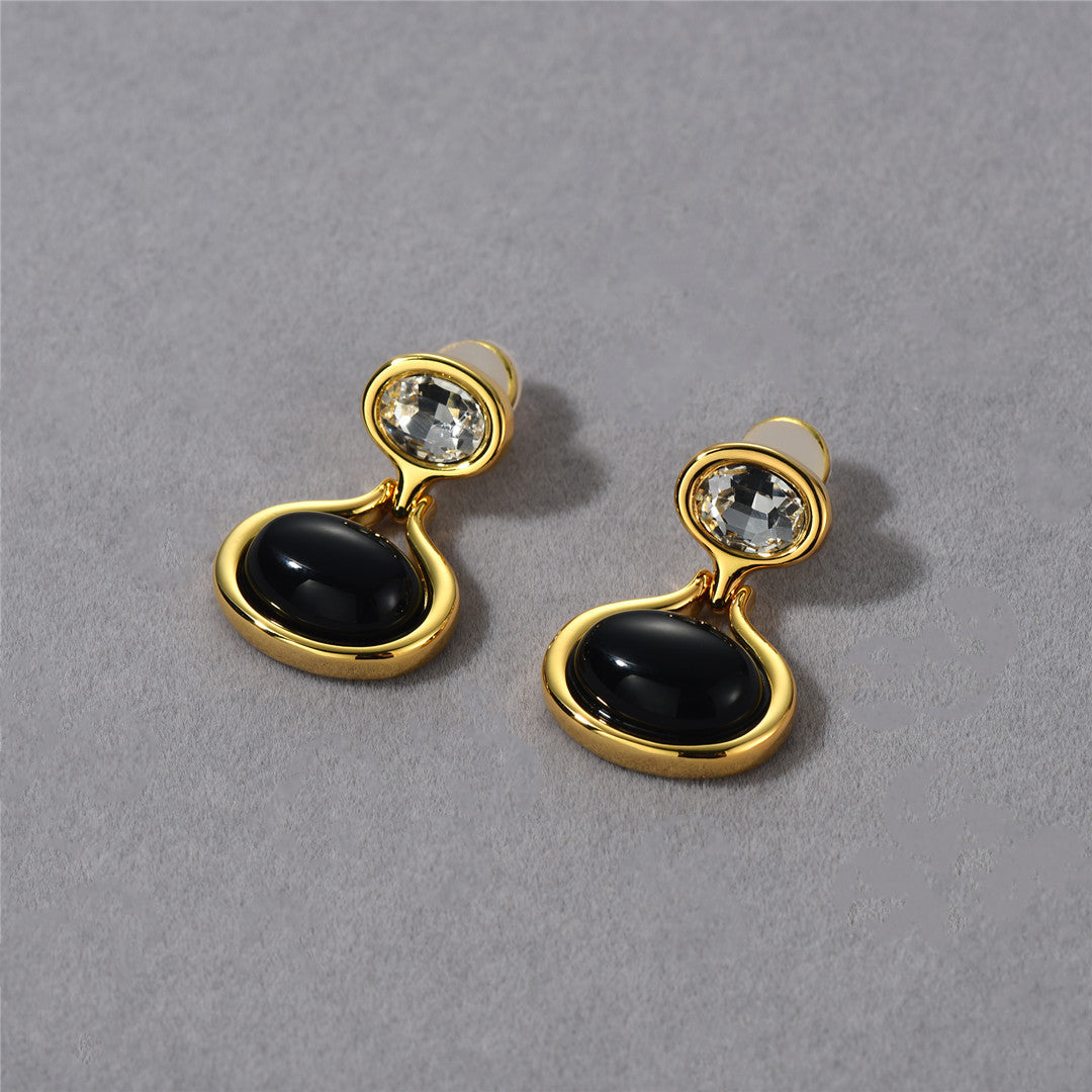 Black Onyx Drop Earrings with Crystal Accent