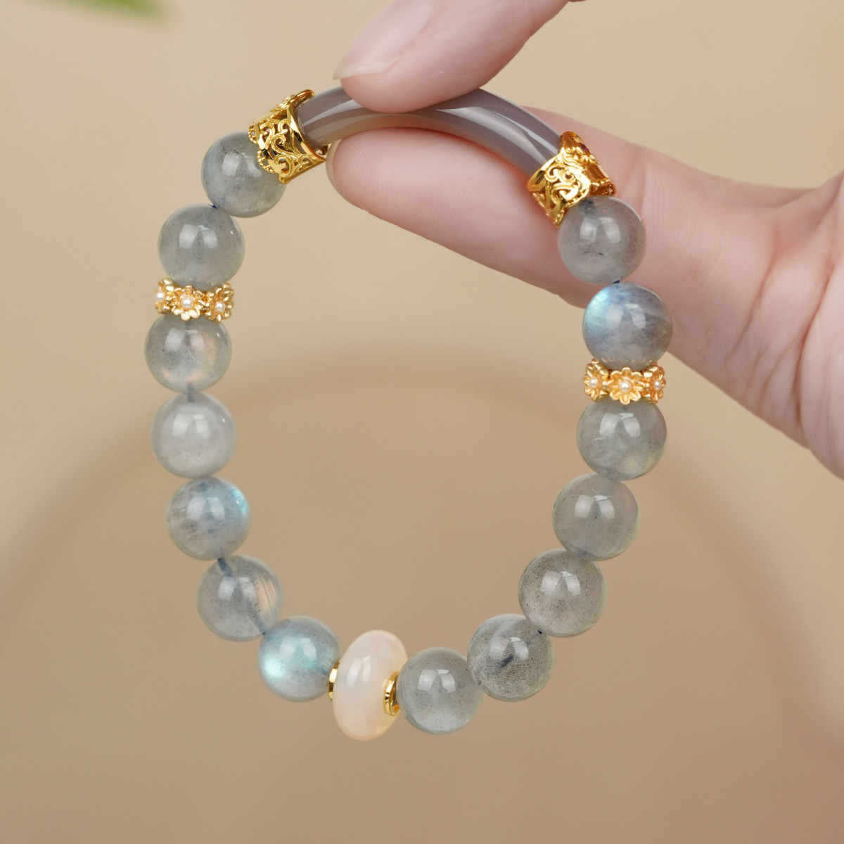 Natural Stone Bead Bracelet with Ornate Spacer Accents