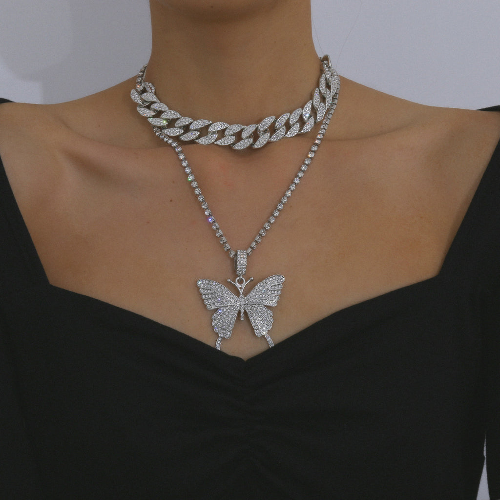 Crystal Butterfly Layered Chain Necklace