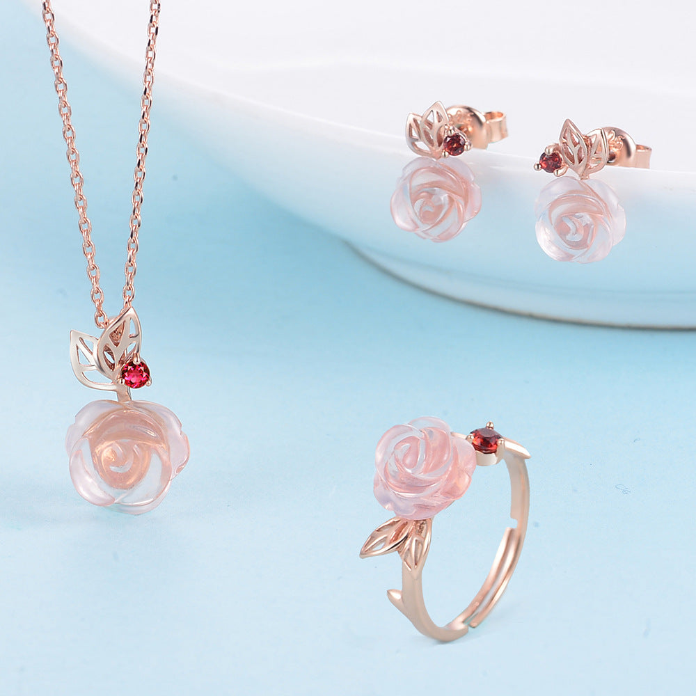 Flower Rose Quartz Gemstone Jewelry Set