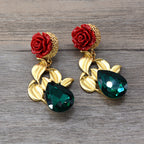 Rose Drop Earrings with Leaf Details & Faceted Gemstone