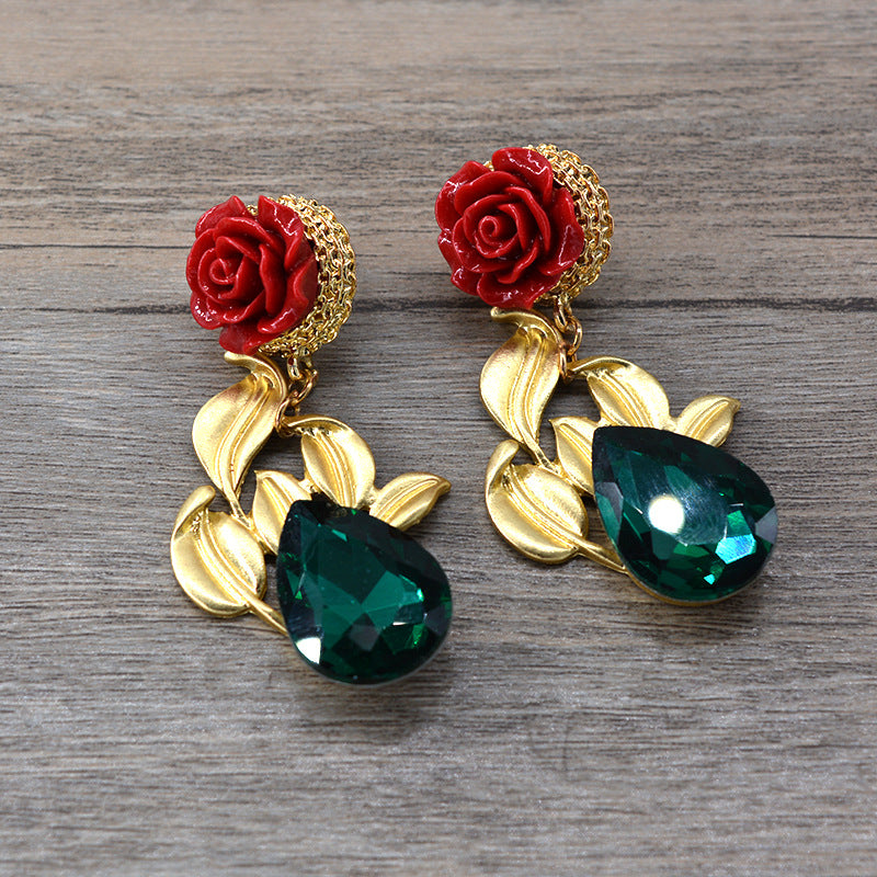 Rose Drop Earrings with Leaf Details & Faceted Gemstone