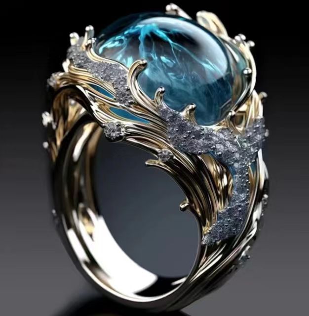 Krystal Crafts Handcrafted Ocean Crest Sapphire Flow Statement Adjustable Ring