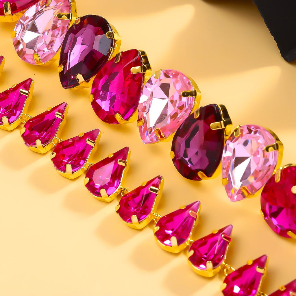 Pink Crystal Teardrop Choker Necklace – Statement Gold Chain Collar