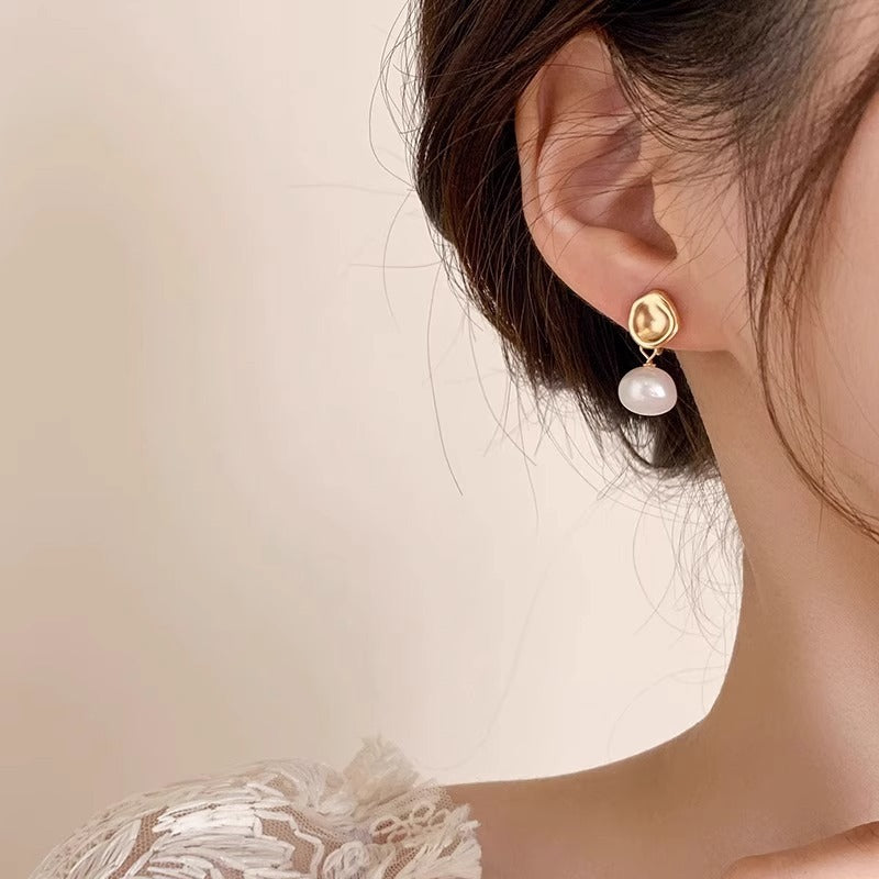 Gold Irregular Stud Earrings with Pearl Drop