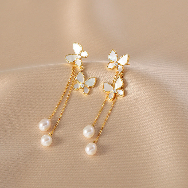 Butterfly Pearl Tassel Drop Earrings
