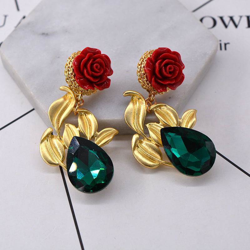Rose Drop Earrings with Leaf Details & Faceted Gemstone