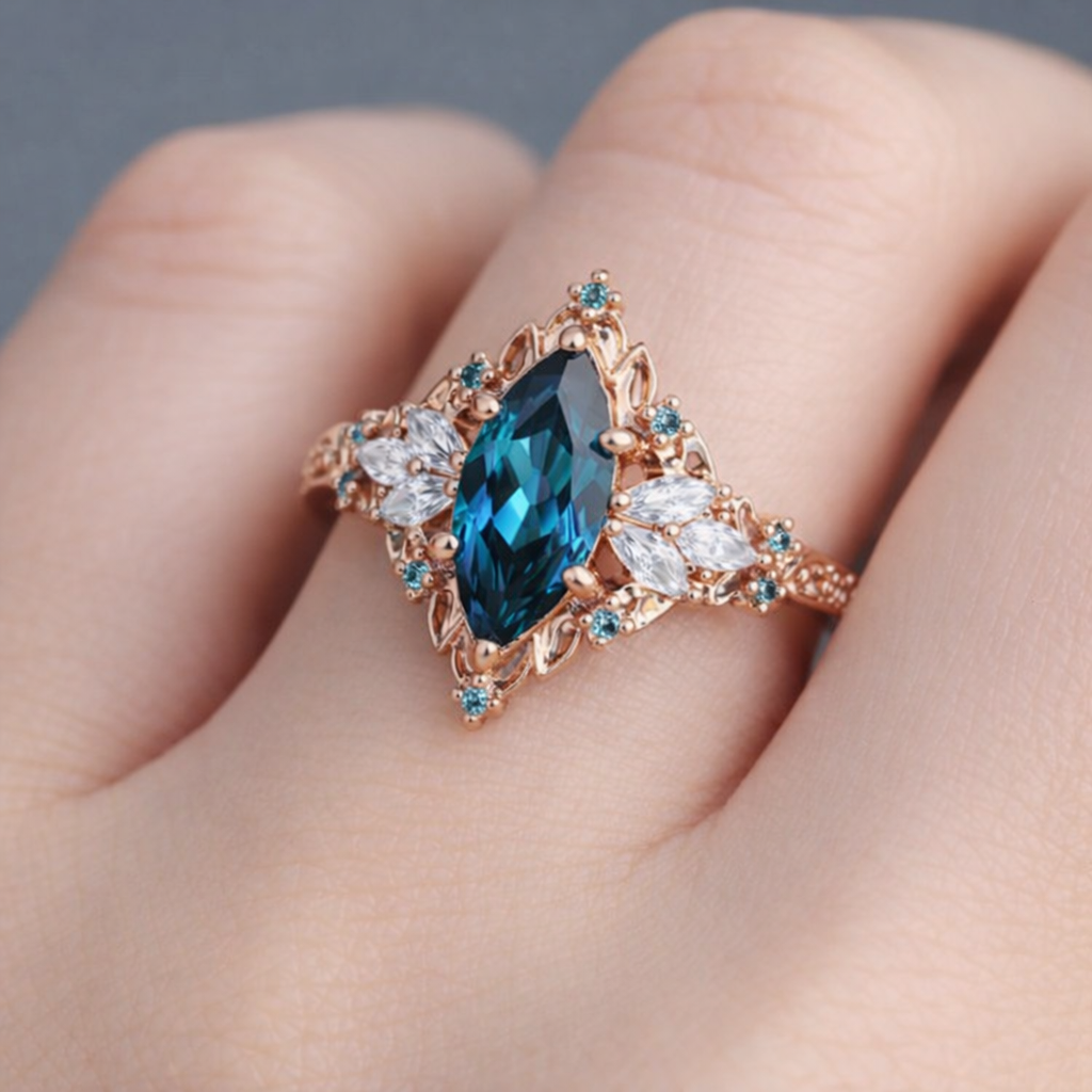 Krystal Crafts Handcrafted Midnight Teal Marquis Blossom Ring