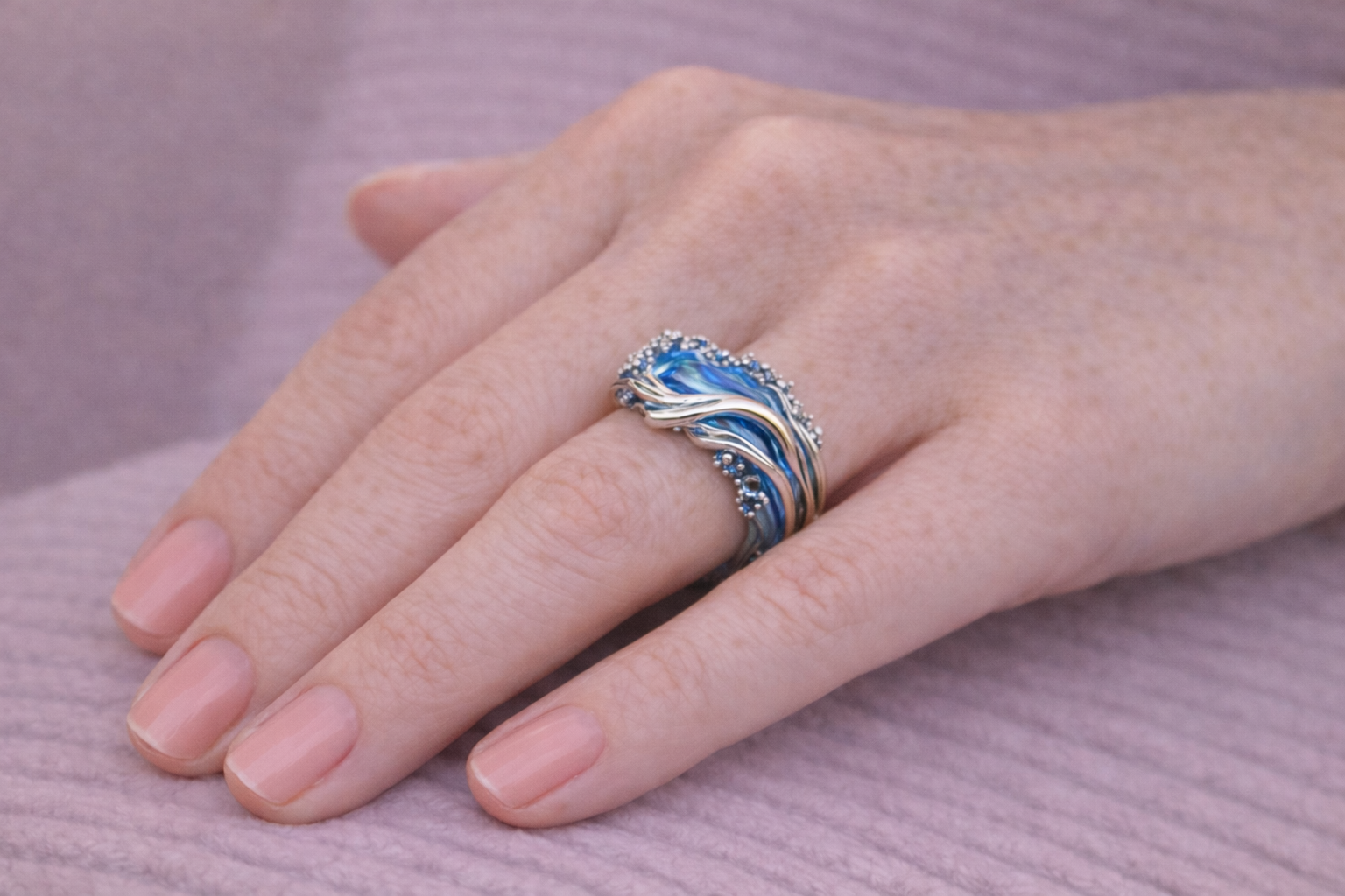 Krystal Crafts Handcrafted Ocean Crest Sapphire Flow Statement Adjustable Ring