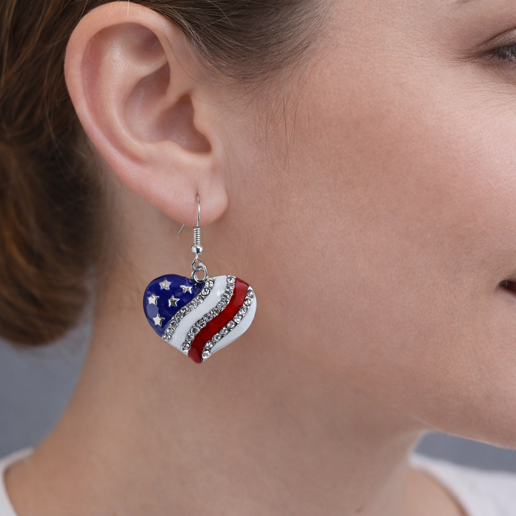 Krystal Crafts Patriotic Heart Flag Dangle Earrings