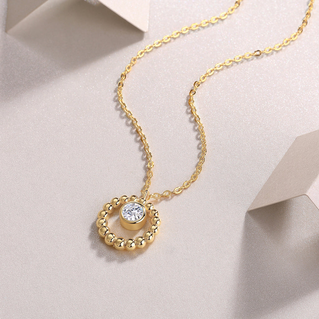 Gold Beaded Circle Necklace with Solitaire Crystal