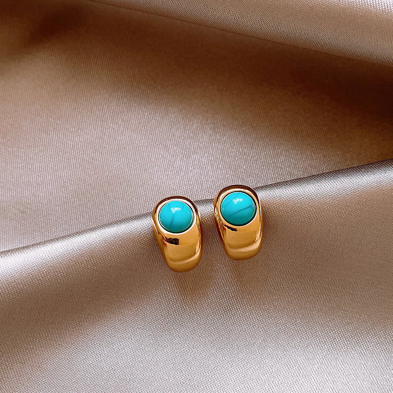 Gold Hoop Stud Earrings with Turquoise Stone