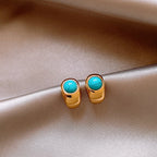 Gold Hoop Stud Earrings with Turquoise Stone