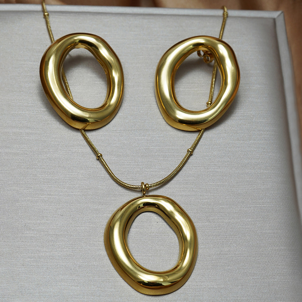 Sculptural Oval Pendant Necklace & Matching Stud Earrings