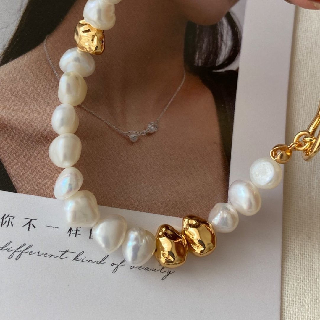 Pearl Accent Open Bracelet with Sculptural Contrast Design