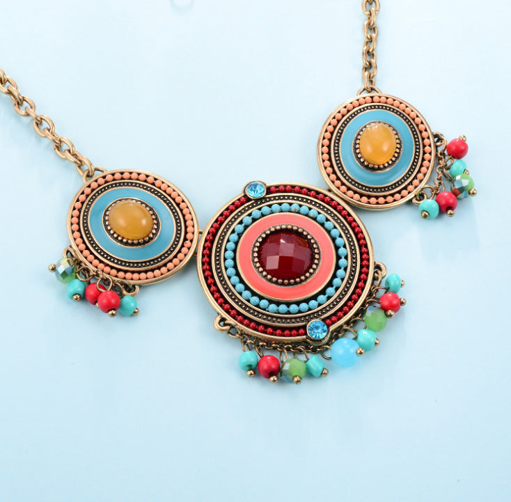 Bohemian Medallion Necklace with Colorful Beads & Vintage Detail