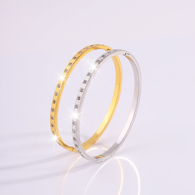 Slim Crystal-Detail Bangle Bracelet with Refined Edge Design