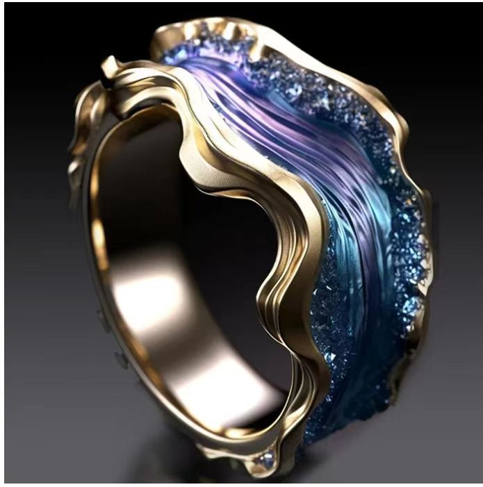 Krystal Crafts Handcrafted Ocean Crest Sapphire Flow Statement Adjustable Ring