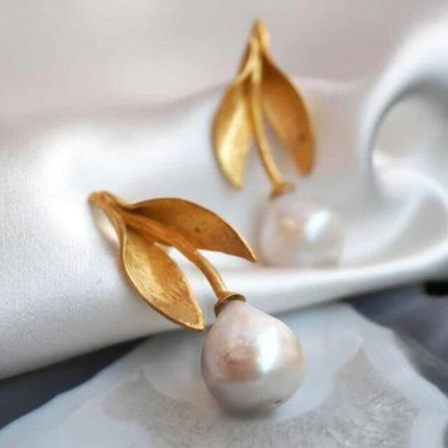 Gold Leaf Pearl Drop Earrings